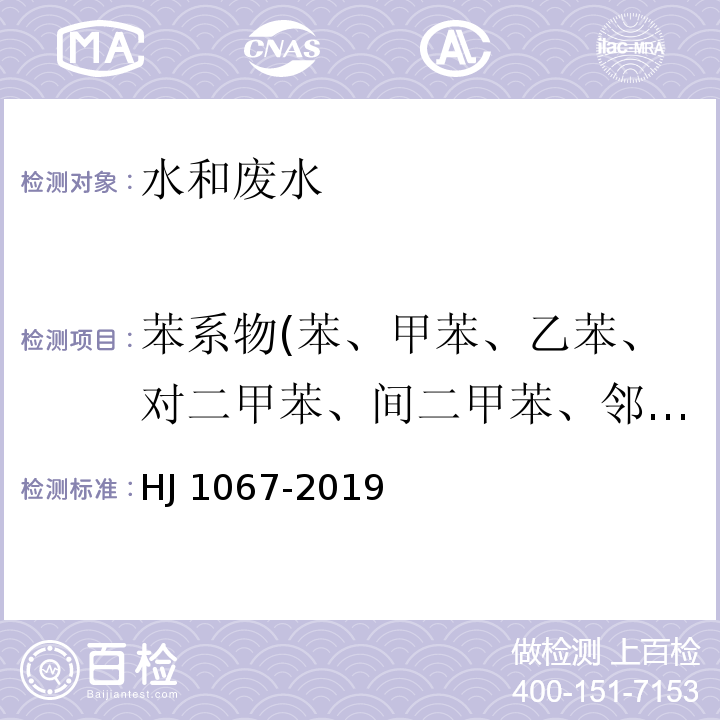 苯系物(苯、甲苯、乙苯、对二甲苯、间二甲苯、邻二甲苯、异丙苯、苯乙烯） 水质 苯系物的测定 顶空/气相色谱法HJ 1067-2019