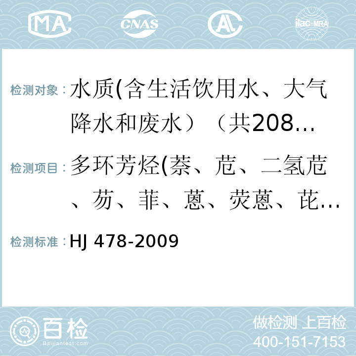 多环芳烃(萘、苊、二氢苊、芴、菲、蒽、荧蒽、芘、苯并[a]蒽、䓛、苯并[b]荧蒽、苯并[k]荧蒽、苯并[a]芘、茚并[1,2,3-c,d]芘、二苯并[a,h]蒽、苯并[g,h,i]苝） 水质 多环芳烃的测定 液液萃取和固相萃取高效液相色谱法 HJ 478-2009