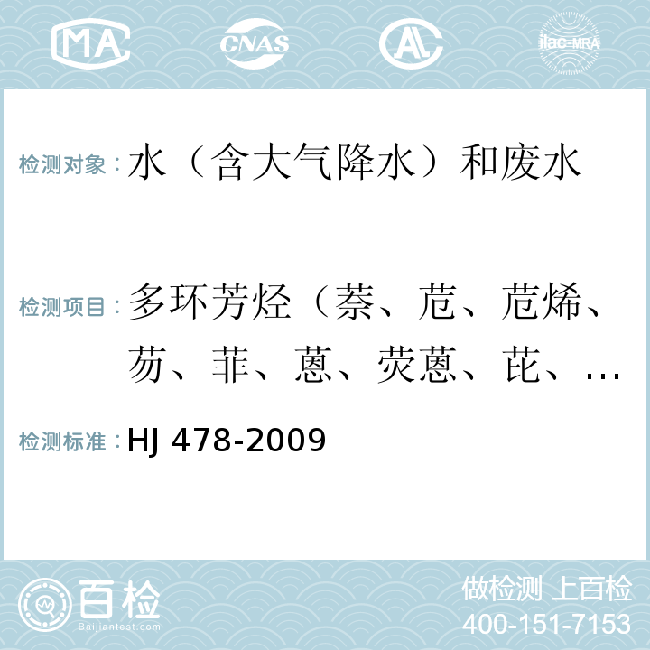 多環芳烴（萘、苊、苊烯、芴、菲、蒽、熒蒽、芘、苯并[a]蒽、苯并[b]熒蒽、苯并[k]熒蒽、苯并[a]芘、茚并[1,2,3-c,d]芘、二苯并[a,h]蒽、?、苯并[g,h,i]苝） 水質?多環芳烴的測定?液液萃取和固相萃取高效液相色譜法 HJ 478-2009