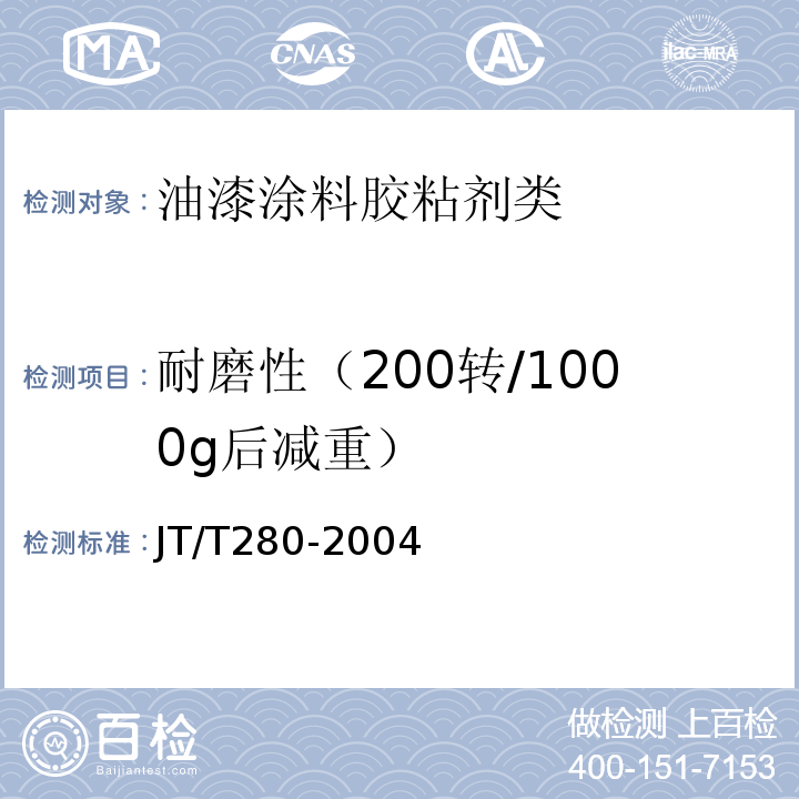 耐磨性（200转/1000g后减重） 路面标线涂料JT/T280-2004　6.4.8