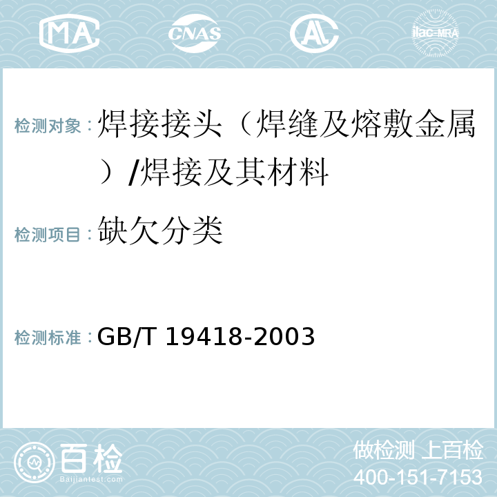 缺欠分类 钢的弧焊接头缺陷质量分级指南 /GB/T 19418-2003