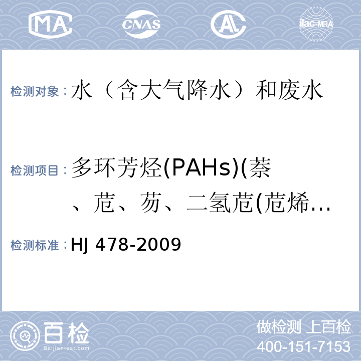 多環(huán)芳烴(PAHs)(萘、苊、芴、二氫苊(苊烯)、菲、蒽、熒蒽、芘、 ?、苯并［a］蒽、苯并［b］ 熒蔥、苯并［k］熒蔥、苯 并［a]芘、二苯并［a,h］蒽、 苯并［g,h,i］苝、茚并 ［l,2,3-c,d］芘) 水質(zhì) 多環(huán)芳烴的測(cè)定 液液萃取和固相萃取高效液相色譜法 HJ 478-2009