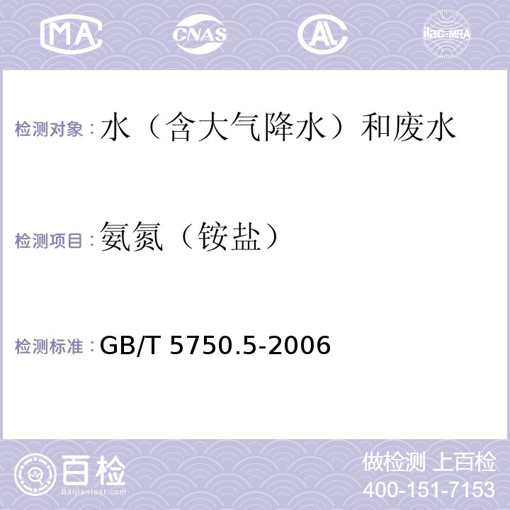 氨氮
（铵盐） 生活饮用水标准检验方法无机非金属指标（9.1 氨氮 纳氏试剂分光光度法）GB/T 5750.5-2006