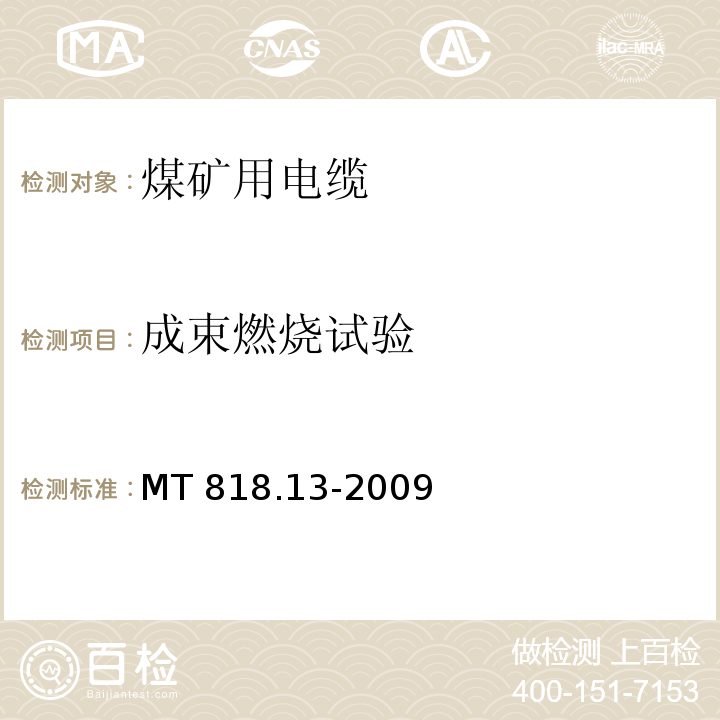 成束燃烧试验 煤矿用电缆 第13部分：额定电压8.7/10kV及以下煤矿用交联聚乙烯绝缘电力电缆MT 818.13-2009