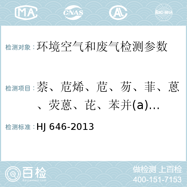 萘、苊烯、苊、芴、菲、蒽、荧蒽、芘、苯并(a)蒽、 、苯并(b)荧蒽、苯并(k)荧蒽、苯并(a)芘等16种多环芳烃 环境空气和废气 气相和颗粒物中多环芳烃的测定 气相色谱-质谱法 HJ 646-2013