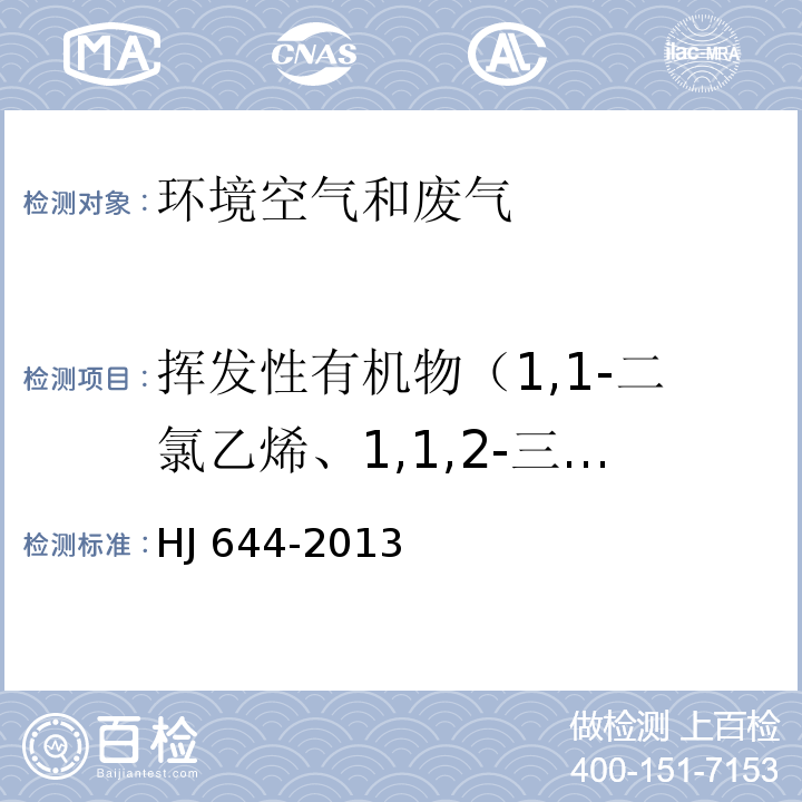 挥发性有机物（1,1-二氯乙烯、1,1,2-三氯-1,2,2-三氟乙烷、氯丙烯、二氯甲烷、1,1-二氯乙烷、顺式-1,2-二氯乙烯、三氯甲烷、1,1,1-三氯乙烷、四氯化碳、1,2-二氯乙烷、苯、三氯乙烯、1,2-二氯丙烷、顺式-1,3-二氯丙烯、甲苯、反式-1,3-二氯丙烯、1,1,2-三氯乙烷、四氯乙烯、1,2-二溴乙烷、氯苯、乙苯、间/对二甲苯、邻二甲苯、苯乙烯、1,1,2,2-四氯乙烷、4-乙基甲苯、1,3,5-三甲基苯、1,2,4-三甲基苯、1,3-二氯苯、1,4-二氯苯、苄基氯、1,2-二氯苯、1,2,4-三氯苯、六氯丁二烯、丙酮、异丙醇、正己烷、乙酸乙酯、苯、六甲基二硅氧烷、3-戊酮、正庚烷、甲苯、环戊酮、乳酸乙酯、乙酸丁酯、丙二醇单甲醚乙酸酯、乙苯、对/间二甲苯、2-庚酮、苯乙烯、邻二甲苯、苯甲醚、苯甲醛、1-癸烯、2-壬酮、1-十二烯） 环境空气 挥发性有机物的测定 吸附管采样-热脱附/气相色谱-质谱法 HJ 644-2013