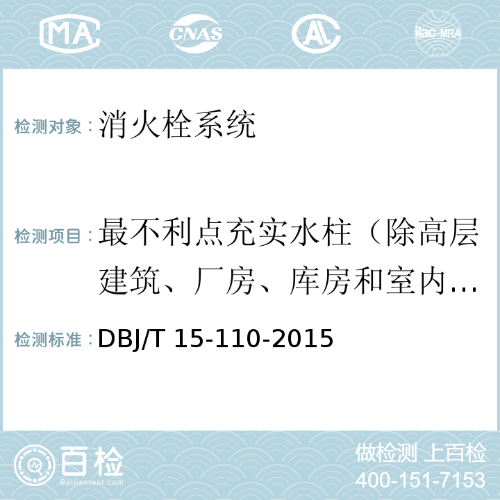 最不利点充实水柱（除高层建筑、厂房、库房和室内净空高度超过8m的民用建筑、城市交通隧道以外的其他场所） 建筑防火及消防设施检测技术规程DBJ/T 15-110-2015