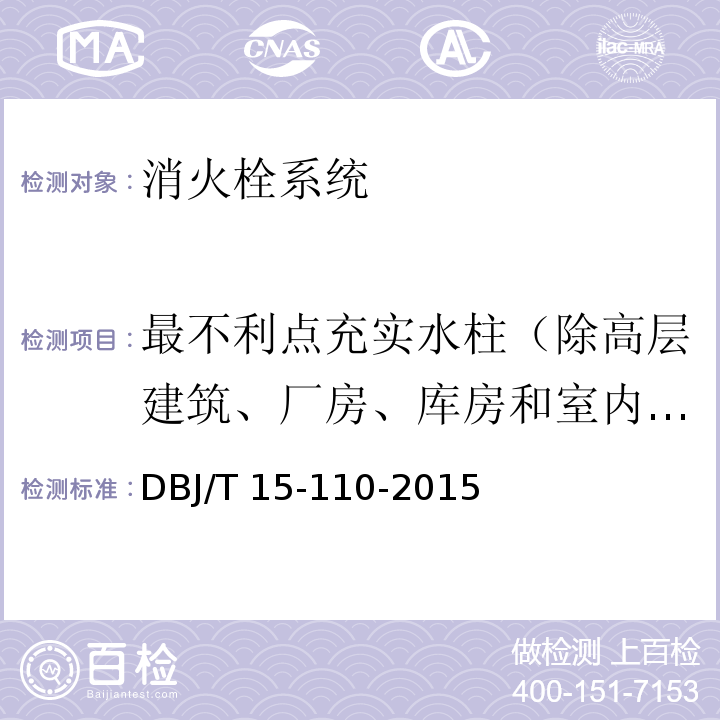 最不利点充实水柱（除高层建筑、厂房、库房和室内净空高度超过8m的民用建筑、城市交通隧道以外的其他场所） 建筑防火及消防设施检测技术规程DBJ/T 15-110-2015