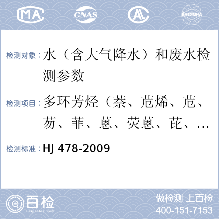 多環芳烴（萘、苊烯、苊、芴、菲、蒽、熒蒽、芘、苯并(a)蒽、屈、苯并(b)熒蒽、苯并(k)熒蒽、苯并(a)芘、二苯并(a, h)蒽、苯并(g,h,i)苝、茚并(1,2,3-c,d)芘） 水質 多環芳烴的測定 液液萃取和固相萃取高效液相色譜法 HJ 478-2009