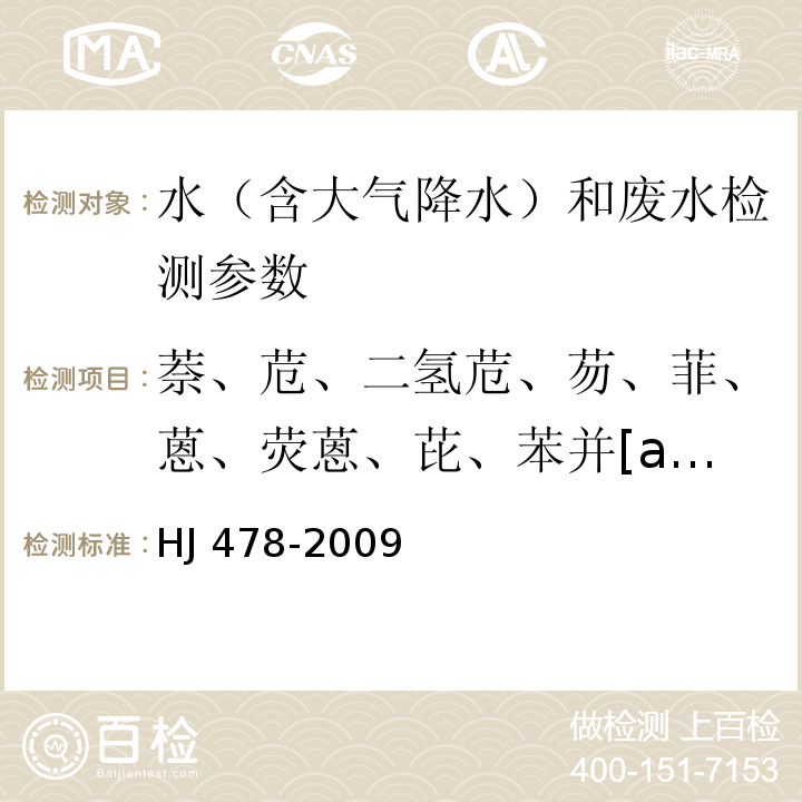 萘、苊、二氫苊、芴、菲、蒽、熒蒽、芘、苯并[a]蒽、崫、苯并[b]熒蒽、苯并[k]熒蒽、茚并[1,2,3-cd]芘、二苯并（a，h）蒽、苯并（g，h，i）苝 水質(zhì) 多環(huán)芳烴的測定 液液萃取和固相萃取高效液相色譜法 HJ 478-2009