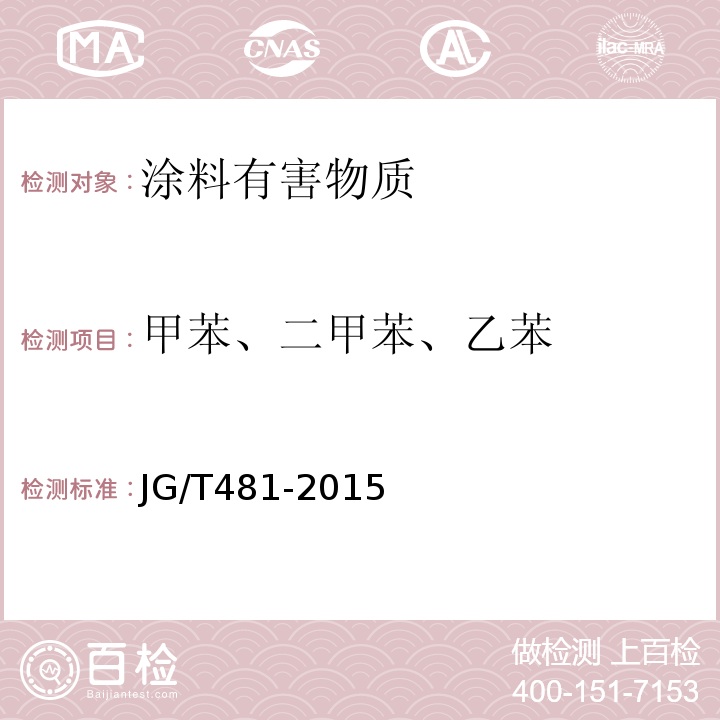 甲苯、二甲苯、乙苯 JG/T 481-2015 低挥发性有机化合物(VOC)水性内墙涂覆材料