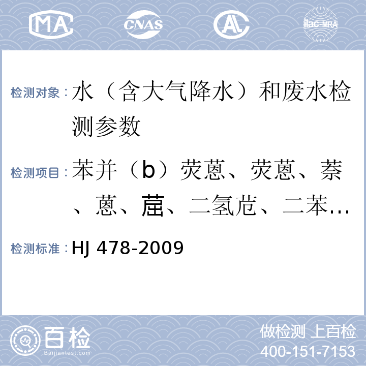 苯并（b）熒蒽、熒蒽、萘、蒽、?、二氫苊、二苯并（a，h）蒽、芘、芴、苊、苯并（a）蒽、苯并（g，h，i）苝、苯并（k）熒蒽、茚并[1,2,3-cd]芘、菲 水質(zhì) 多環(huán)芳烴的測定 液液萃取和固相萃取高效液相色譜法 HJ 478-2009