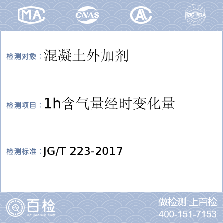 1h含气量经时变化量 聚羧酸系高性能减水剂JG/T 223-2017