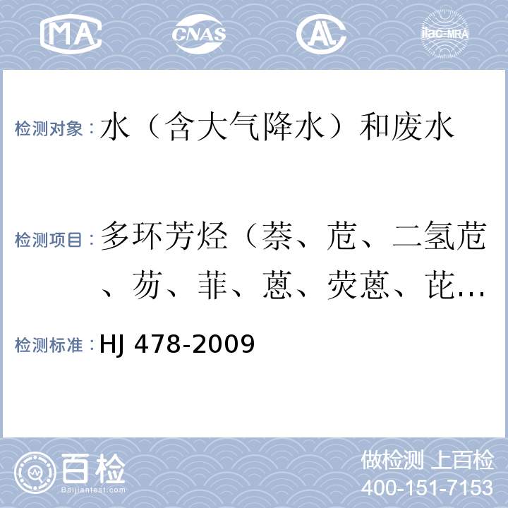 多環芳烴（萘、苊、二氫苊、芴、菲、蒽、熒蒽、芘、苯并[α]蒽、?、苯并[b]熒蒽、苯并[k]熒蒽、苯并[a]芘、茚并[1,2,3-cd]芘、二苯并[ah]蒽、苯并[ghi]苝） 水質 多環芳烴的測定 液液萃取和固相萃取高效液相色譜法 HJ 478-2009