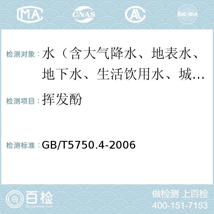 挥发酚 水质挥发酚的测定4-氨基安替比林分光光度法HJ503-2009、生活饮用水标准检验方法感官性状和物理指标GB/T5750.4-20069.14-氨基安替吡啉三氯甲烷萃取分光光度法、城镇污水水质标准检验方法CJ/T51-201831.1三氯甲烷萃取法、城镇污水水质标准检验方法CJ/T51-201831.2直接分光光度法