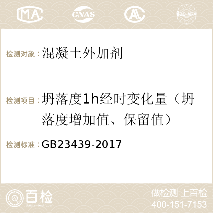 坍落度1h经时变化量（坍落度增加值、保留值） 混凝土膨胀剂 GB23439-2017