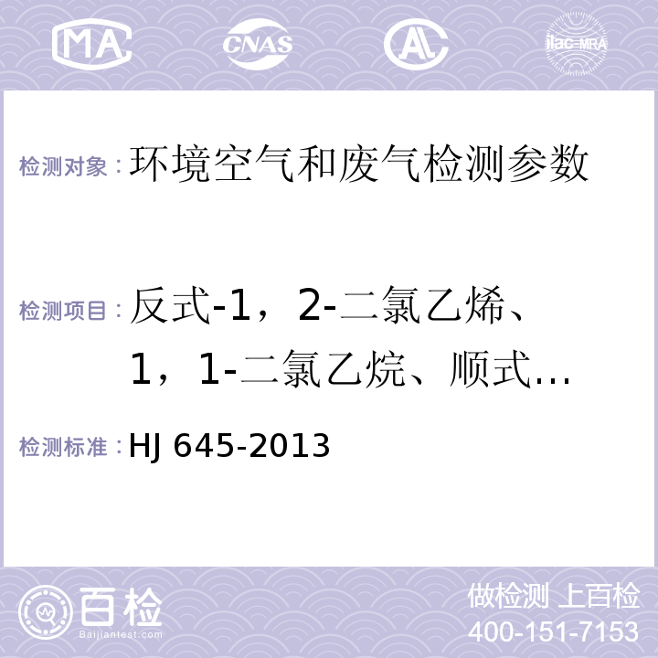 反式-1，2-二氯乙烯、1，1-二氯乙烷、顺式-1，2-二氯乙烯、1，2-二氯乙烷、1，1，1-三氯乙烷、1，2-二氯丙烷、1-溴-2-氯乙烯、1，1，2-三氯乙烷、氯苯、1，1，2，2-四氯乙烷、三氯甲烷、四氯化碳、三氯乙烯、四氯乙烯、三溴甲烷、1，2，3-三氯丙烷、苄基氯、1，4-二氯苯、1，2-二氯苯+1，3-二氯苯、六氯乙烷 环境空气 挥发性卤代烃的测定 活性炭吸附-二硫化碳吸附/气相色谱法 HJ 645-2013