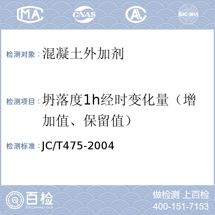 坍落度1h经时变化量（增加值、保留值） 混凝土防冻剂 JC/T475-2004