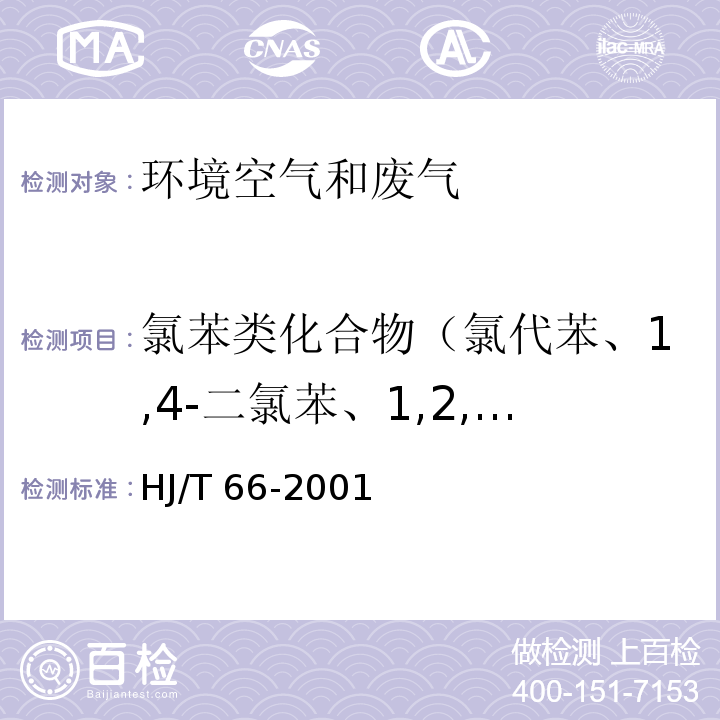 氯苯类化合物（氯代苯、1,4-二氯苯、1,2,4-三氯苯） 大气固体污染源 氯苯类化合物的测定 气相色谱法 HJ/T 66-2001