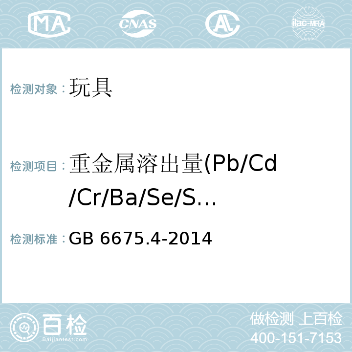 重金属溶出量(Pb/Cd/Cr/Ba/Se/Sb/Hg/As) GB 6675.4-2014 玩具安全 第4部分:特定元素的迁移