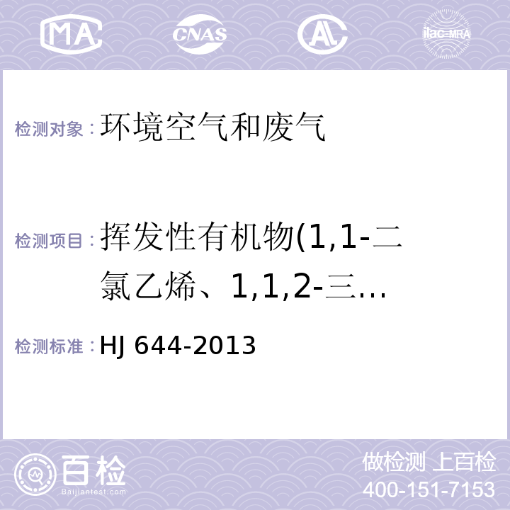 挥发性有机物(1,1-二氯乙烯、1,1,2-三氯-1,2,2-三氟乙烷、氯丙烯、二氯甲烷、1,1-二氯乙烷、反式-1,2-二氯乙烯、三氯甲烷、1,2-二氯乙烷、1,1,1-三氯乙烷、四氯甲烷、苯、三氯乙烯、1,2-二氯丙烷、反式-1,3-二氯丙烯、甲苯、顺式-1,3-二氯丙烯、1,1,2-三氯乙烷、四氯乙烯、1,2-二溴乙烷、氯苯、乙苯、间,对-二甲苯、邻-二甲苯、苯乙烯、1,1,2,2-四氯乙烷、4-乙基甲苯、1,3,5-三甲基、1,2,4-三甲基苯、1,3-二氯苯、1,4-二氯苯、苄基氯、1,2-二氯苯、1,2,4-三氯苯、六氯丁二烯、丙酮、异丙醇、正己烷、乙酸乙酯、苯、六甲基二硅氧烷、3-戊酮、正庚烷、甲苯、环戊酮、乳酸乙酯、乙酸丁酯、丙二醇单甲醚乙酸酯、乙苯、对/间二甲苯、2-庚酮、苯乙烯、邻二甲苯、苯甲醚、苯甲醛、1-癸烯、2-壬酮、1-十二烯。) 环境空气 挥发性有机物的测定 吸附管采样-热脱附/气相色谱-质谱法 HJ 644-2013