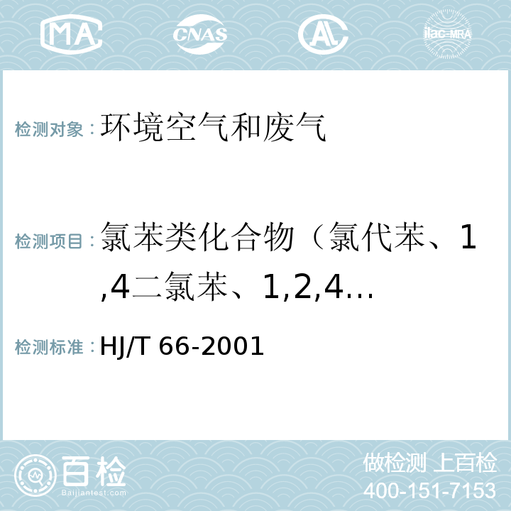 氯苯类化合物（氯代苯、1,4二氯苯、1,2,4三氯苯） 大气固定污染源 氯苯类化合物的测定 气相色谱法 HJ/T 66-2001