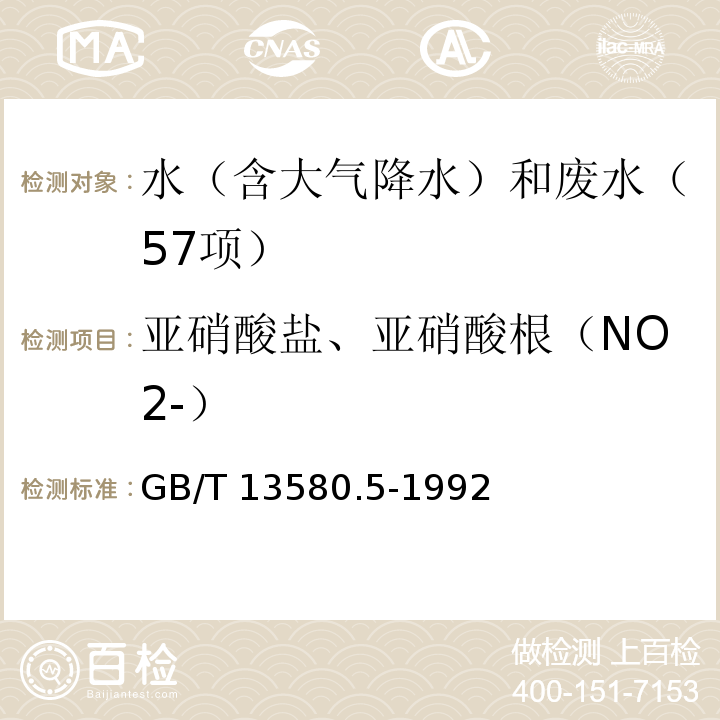 亚硝酸盐、亚硝酸根（NO2-） 大气降水中氟、氯、亚硝酸盐、硝酸盐、硫酸盐测定 离子色谱法 GB/T 13580.5-1992