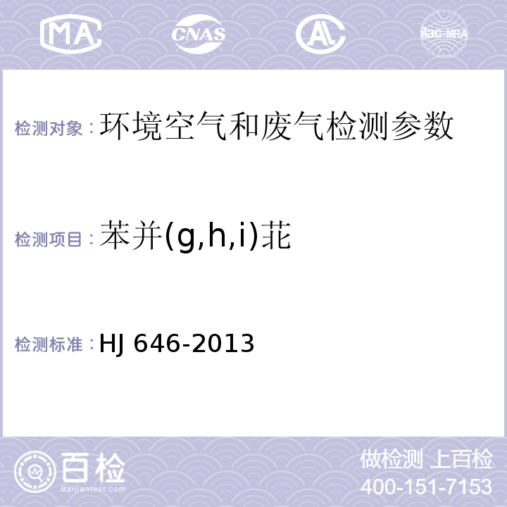 苯并(g,h,i)苝 环境空气和废气 气相和颗粒物中多环芳烃的测定 气相色谱质谱法 HJ 646-2013