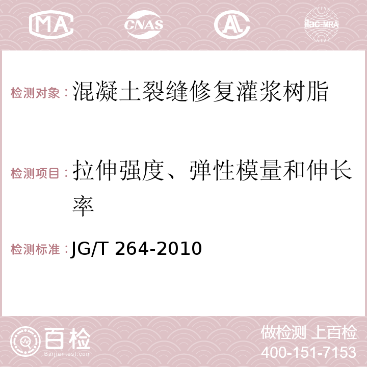 拉伸强度、弹性模量和伸长率 混凝土裂缝修复灌浆树脂JG/T 264-2010