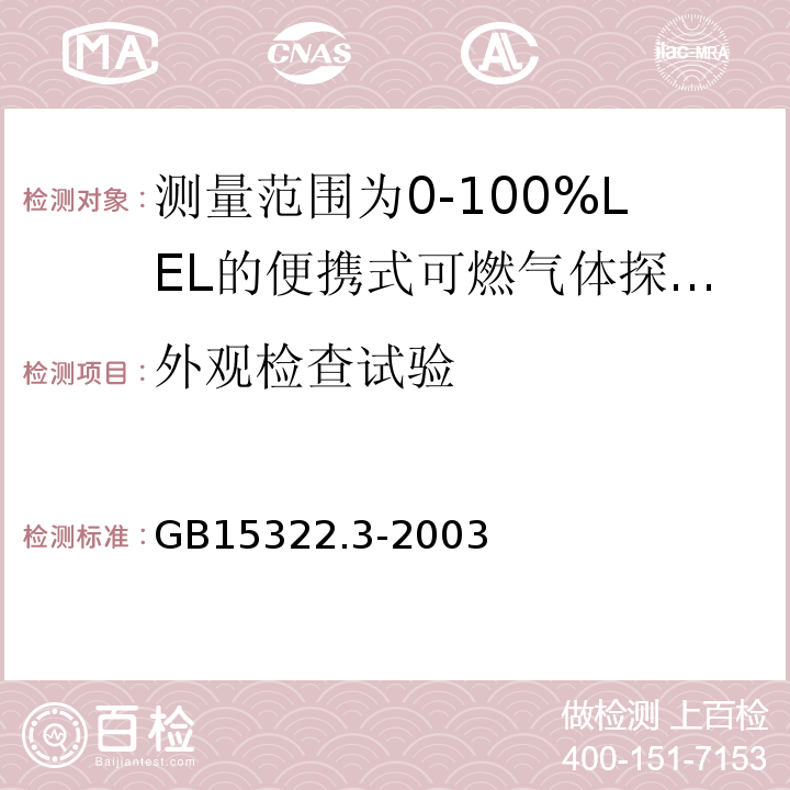 外观检查试验 可燃气体探测器第3部分：测量范围为0～100%LEL的便携式可燃气体探测器 GB15322.3-2003