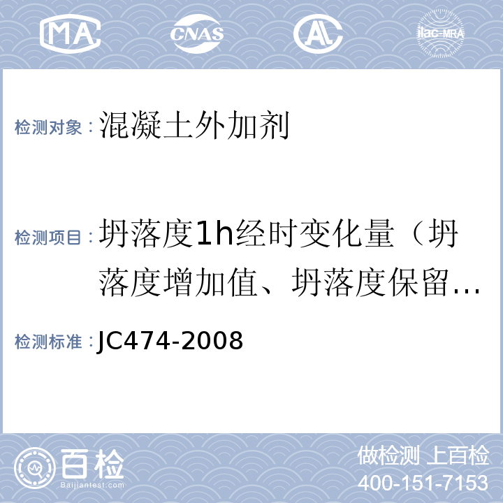 坍落度1h經時變化量（坍落度增加值、坍落度保留值） 砂漿、混凝土防水劑 JC474-2008（2015）