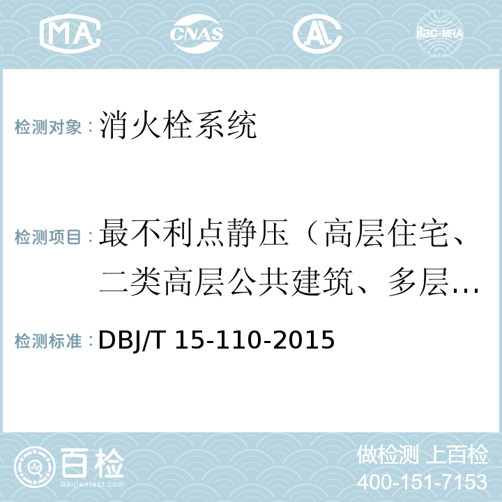 最不利点静压（高层住宅、二类高层公共建筑、多层公共建筑） 建筑防火及消防设施检测技术规程DBJ/T 15-110-2015