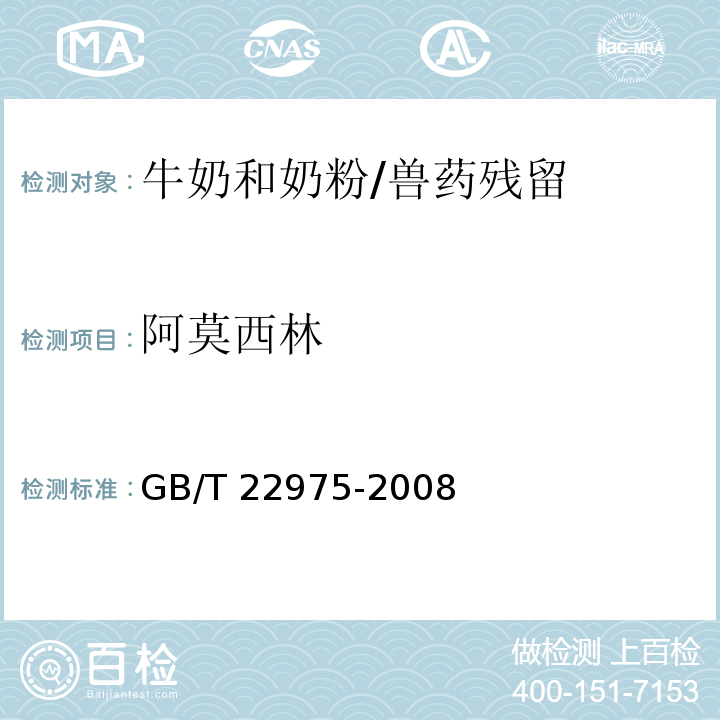 阿莫西林 牛奶和奶粉中阿莫西林、氨苄西林、哌拉西林、青霉素G、青霉素V、苯唑西林、氯唑西林、萘夫西林和双氯西林残留量的测定 液相色谱-串联质谱法/GB/T 22975-2008