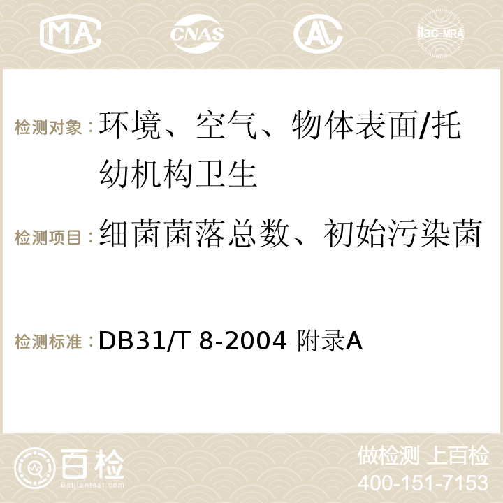 细菌菌落总数、初始污染菌 DB31/T 8-2004 托幼机构环境、空气、物体表面卫生要求及检测方法