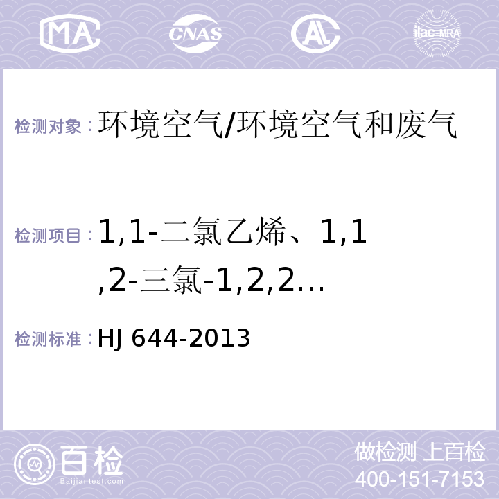 1,1-二氯乙烯、1,1,2-三氯-1,2,2-三氟乙烷、1,3-二氯苯、1,4-二氯苯、1,2-二氯苯、1,2,4-三氯苯、六氯丁二烯、1,1,2-三氯乙烷、四氯乙烯、1,2-二溴乙烷、氯苯、1,1,1,2-四氯乙烷、二氯甲烷、1,1-二氯乙烷、顺-1,2-二氯乙烯、三氯甲烷、1,1,1-三氯乙烷、四氯化碳、1,2-二氯乙烷、三氯乙烯 环境空气挥发性有机物的测定/HJ 644-2013