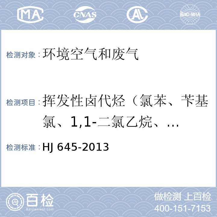 挥发性卤代烃（氯苯、苄基氯、1,1-二氯乙烷、反式-1,2-二氯乙烯、顺式-1,2-二氯乙烯、三氯甲烷、四氯化碳、1,2-二氯乙烷、1,2-二氯丙烷、1,2-二氯苯、1,3-二氯苯、1,4-二氯苯、1,1,1-三氯乙烷、1,1,2-三氯乙烷、三氯乙烯、1-溴-2-氯乙烷、1,2,3-三氯丙烷、1,1,2,2-四氯乙烷、四氯乙烯、三溴甲烷、六氯乙烷） 环境空气 挥发性卤代烃的测定 活性炭吸附-二硫化碳解吸/气相色谱法HJ 645-2013