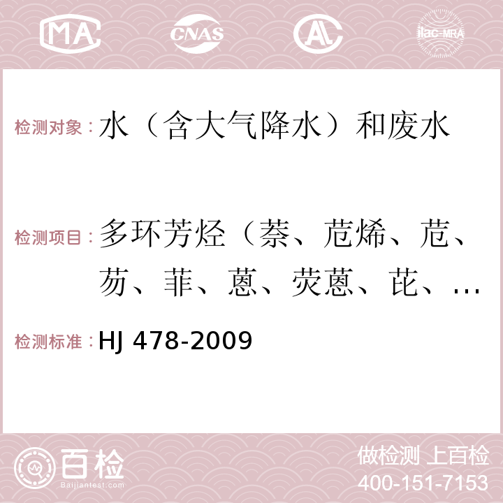 多環芳烴（萘、苊烯、苊、芴、菲、蒽、熒蒽、芘、苯并（a）蒽、?、苯并（b）熒蒽、苯并 （k） 熒蒽、苯并（a）芘、二苯并（a, h）蒽、苯并（g,h,i）苝、茚并（1,2,3-cd）芘） 水質 多環芳烴的測定 液液萃取和固相萃取高效液相色譜法 HJ 478-2009