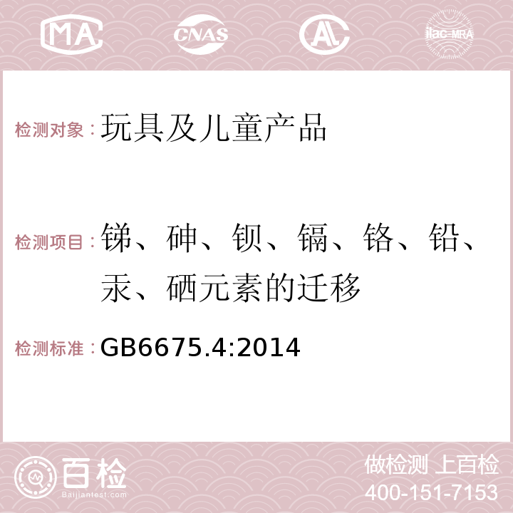 锑、砷、钡、镉、铬、铅、汞、硒元素的迁移 GB 6675.4-2014 玩具安全 第4部分:特定元素的迁移