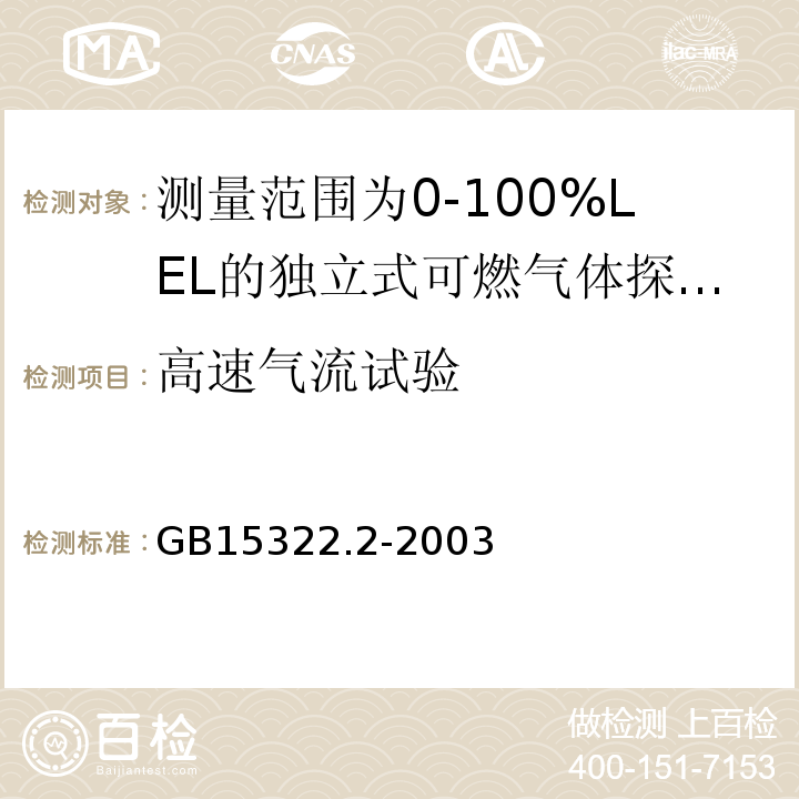 高速气流试验 可燃气体探测器第2部分：测量范围为0～100%LEL的独立式可燃气体探测器 GB15322.2-2003