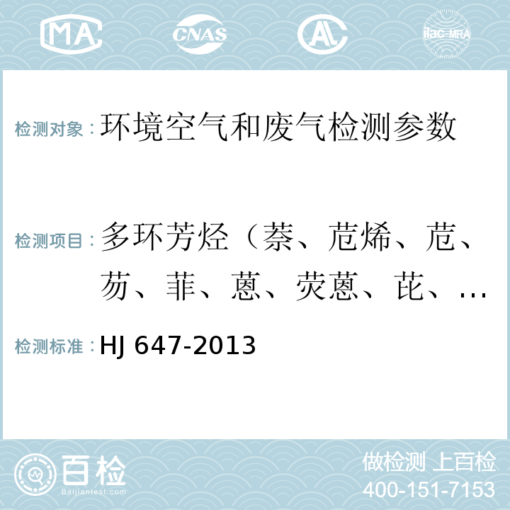 多環芳烴（萘、苊烯、苊、芴、菲、蒽、熒蒽、芘、苯并[a]蒽、?、苯并[b]熒蒽、苯并[k]熒蒽、苯并[a]芘、茚并[1,2,3-c,d] 芘、二苯并[a,h]蒽、苯并[g,h,i]苝） 環境空氣和廢氣 氣相和顆粒物中多環芳烴的測定 高效液相色譜法 HJ 647-2013