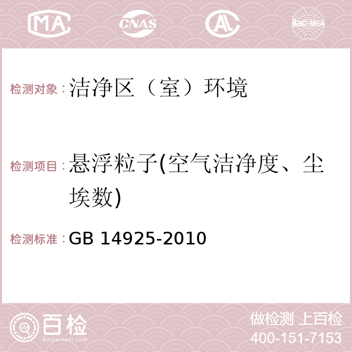 悬浮粒子(空气洁净度、尘埃数) ISO 14644-1 Cleanrooms and associated controlled environments —Part 1: Classification of air cleanliness 实验动物环境及设施GB 14925-2010附录E