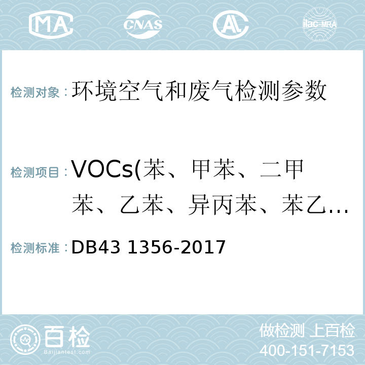 VOCs(苯、甲苯、二甲苯、乙苯、异丙苯、苯乙烯、三甲苯) 表面涂装（汽车制造及维修）挥发性有机物、镍排放标准 DB43 1356-2017