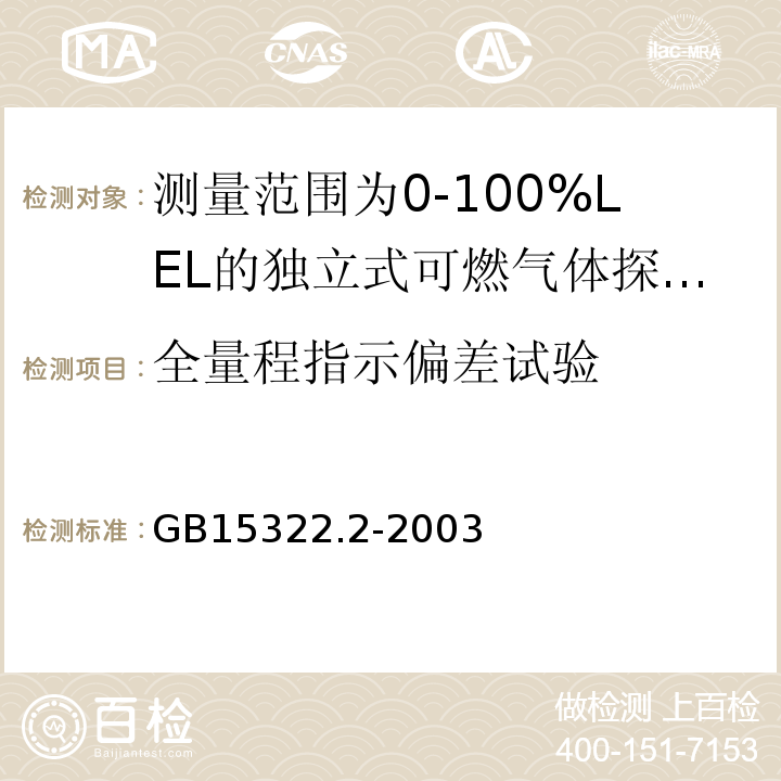 全量程指示偏差试验 可燃气体探测器第2部分：测量范围为0～100%LEL的独立式可燃气体探测器 GB15322.2-2003