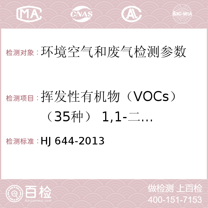 挥发性有机物（VOCs）（35种） 1,1-二氯乙烯、1,1,2-三氯-1,2,2-三氟乙烷、氯丙烯、4二氯甲烷、1,1-二氯乙烷、反式-1.2-二氯乙烯、三氯甲烷、1,2-二氯乙烷、1,1,1-三氯乙烷、四氯甲烷、苯、三氯乙烯、1,2-二氯丙烷、反式-1,3-二氯丙烯、甲苯、顺式-1,3-二氯丙烯、1,1,2-三氯乙烷、四氯乙烯、1,2-二溴乙烷、氯苯、乙苯、间,对二甲苯、邻二甲苯、苯乙烯、1,1,2,2 四氯乙烷、4-乙基甲苯、1,3,5-三甲基苯、1,2,4-三甲基苯、1,3-二氯苯、1,4二氯苯、苄基氯、1,2-二氯苯、1,2,4-三氯苯、六氯丁二烯 环境空气 挥发性有机物的测定 吸附管采样-热脱附/气相色谱-质谱法 HJ 644-2013