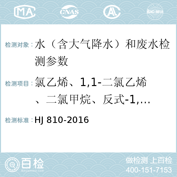 氯乙烯、1,1-二氯乙烯、二氯甲烷、反式-1,2-二氯乙烯、1,1-二氯乙烷、顺式-1,2-二氯乙烯、2,2-二氯丙烷、溴氯甲烷、氯仿、1,1,1-三氯乙烷、1,1-二氯丙烯、四氯化碳、1,2-二氯乙烷、苯、三氯乙烯、1,2-二氯丙烷、二溴甲烷、一溴二氯甲烷、顺-1,3-二氯丙烯、甲苯、反-1,3-二氯丙烯、1,1,2-三氯乙烷、四氯乙烯、1,3-二氯丙烷、二溴一氯甲烷、1,2-二溴乙烷、氯苯、1,1,1,2-四氯乙烷、乙苯、对/间二甲苯、邻二甲苯、苯乙烯、三溴甲烷、异丙苯、1,1,2,2-四氯乙烷、溴苯、1,2,3-三氯丙烷、正丙苯、2-氯甲苯、1,3,5-三甲基苯、4-氯甲苯、叔丁基苯、1,2,4-三甲基苯、仲丁基苯、1,3-二氯苯、4-异丙基甲苯、1,4-二氯苯、正丁基苯、1,2-二氯苯、1,2-二溴-3-氯丙烷、1,2,4-三氯苯、六氯丁二烯、萘、1,2,3-三氯苯 水质 挥发性有机物的测定 顶空/气相色谱-质谱法 HJ 810-2016