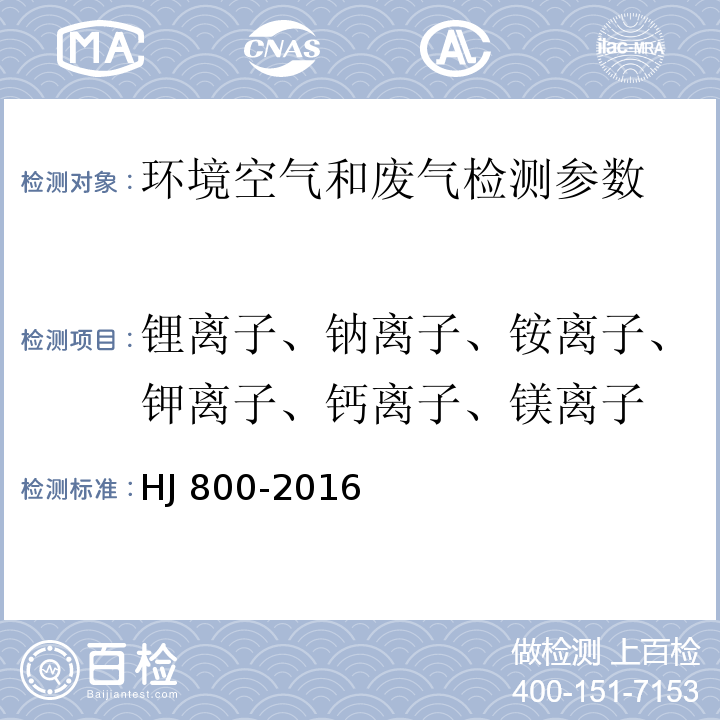 锂离子、钠离子、铵离子、钾离子、钙离子、镁离子 环境空气 颗粒物中水溶性阳离子(Li+、Na+、NH4+、K+、Ca2+、Mg2+)的测定 离子色谱法 HJ 800-2016