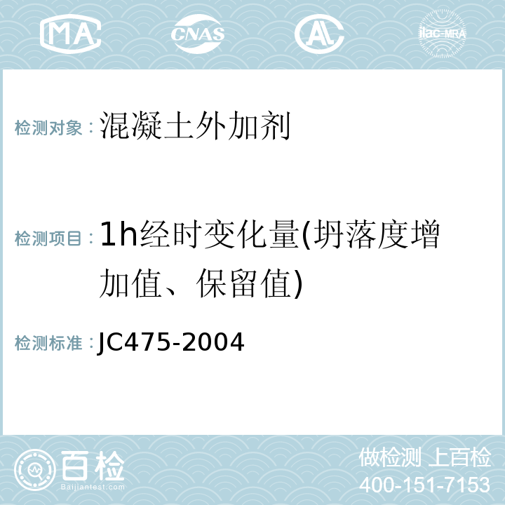 1h经时变化量(坍落度增加值、保留值) 混凝土防冻剂 JC475-2004