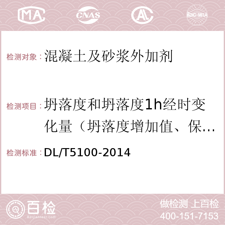 坍落度和坍落度1h经时变化量（坍落度增加值、保留值） 水工混凝土外加剂技术规程 DL/T5100-2014