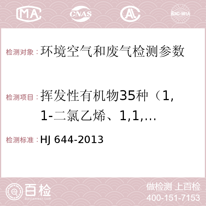 挥发性有机物35种（1,1-二氯乙烯、1,1,2-三氯-1,2,2-三氯乙烷、氯丙烯、二氯甲烷、1,1-二氯乙烷、顺式-1,2-二氯乙烯、三氯甲烷、1,1,1-三氯乙烷、四氯化碳、1,2-二氯乙烷、苯、三氯乙烯、1,2-二氯丙烷、顺式-1,3-二氯丙烯、甲苯、反式-1,3-二氯丙烯、1,1,2-三氯乙烷、四氯乙烯、1,2-二溴乙烷、氯苯、乙苯、间，对-二甲苯、邻-二甲苯、苯乙烯、1,1,2,2-四氯乙烷、4-乙基甲苯、1,3,5-三甲基苯、1,2,4-三甲基苯、1,3-二氯苯、1,4-二氯苯、苄基苯、1,2-二氯苯、1,2,4-三氯苯、六氯丁二烯） 环境空气 挥发性有机物的测定 吸附管采样-热脱附/气相色谱-质谱法 HJ 644-2013