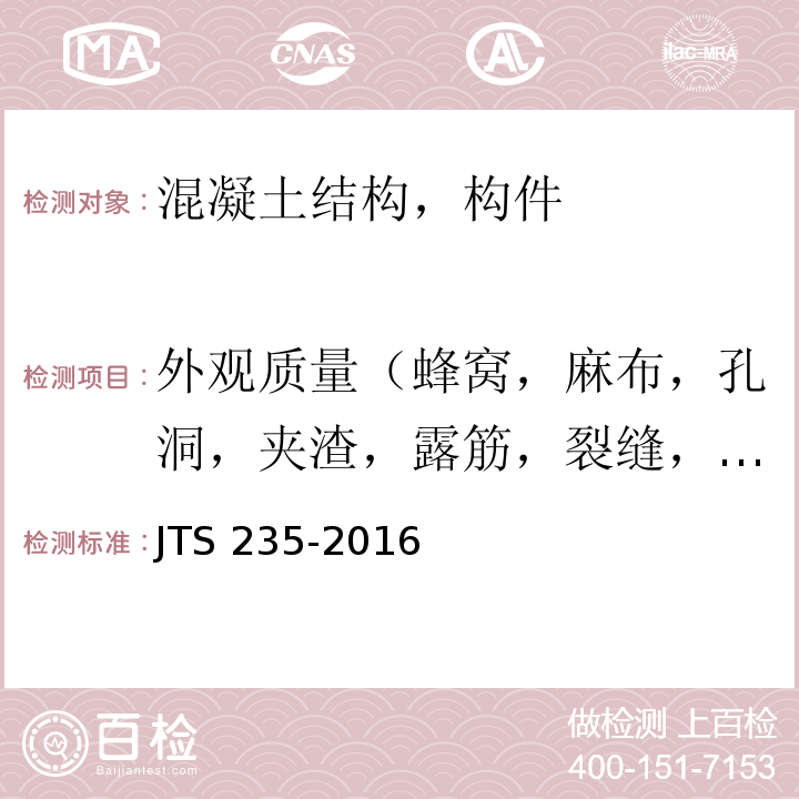 外观质量（蜂窝，麻布，孔洞，夹渣，露筋，裂缝，疏松区，结合面质量） JTS 235-2016 水运工程水工建筑物原型观测技术规范(附条文说明)